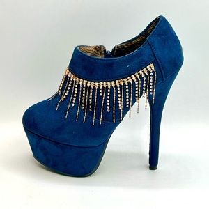 Sexy Jewel Chain Embellished Blue Suede 6”/2” Platform Booties 37/7